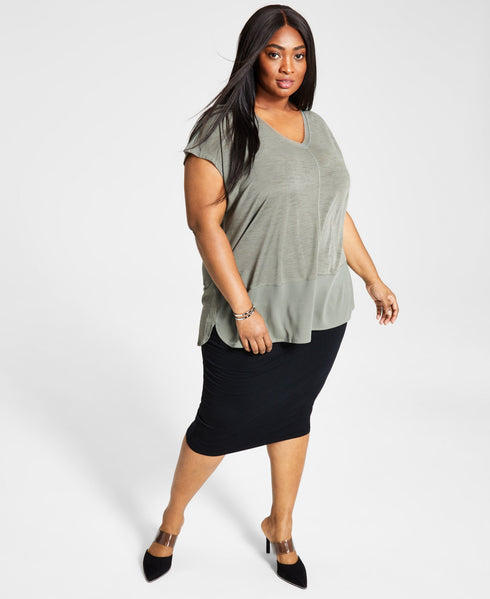 Bar III Plus Size Mixed Media Top